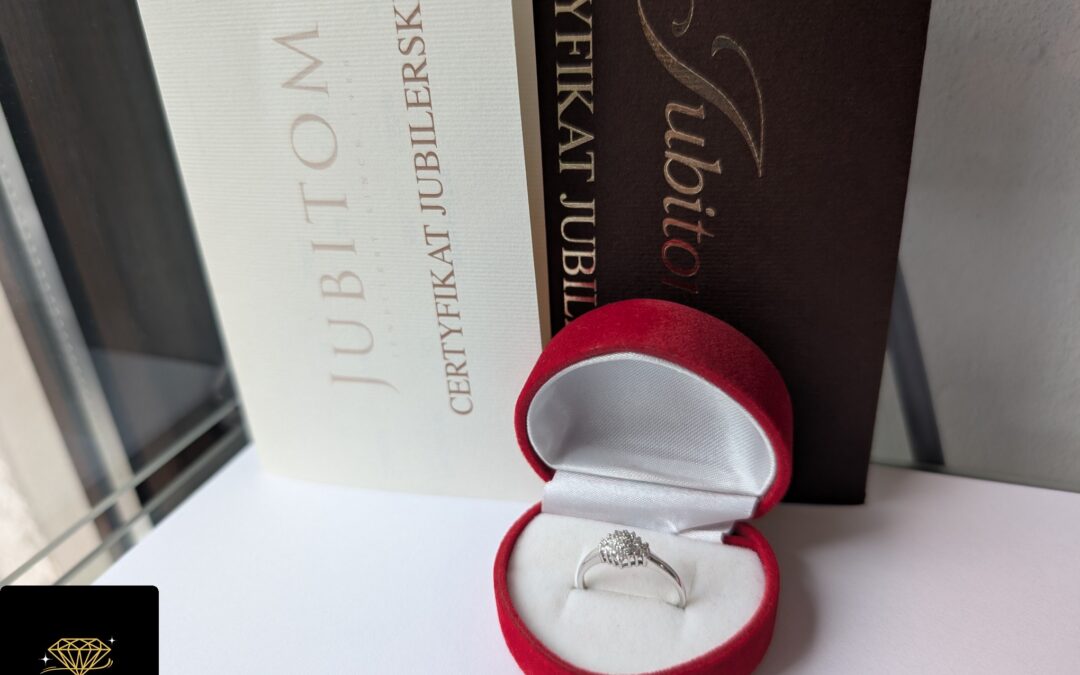 Złoty pierścionek z diamentami 0,179ct pr. 585 używany – jak nowy – certyfikat – cena 990zł