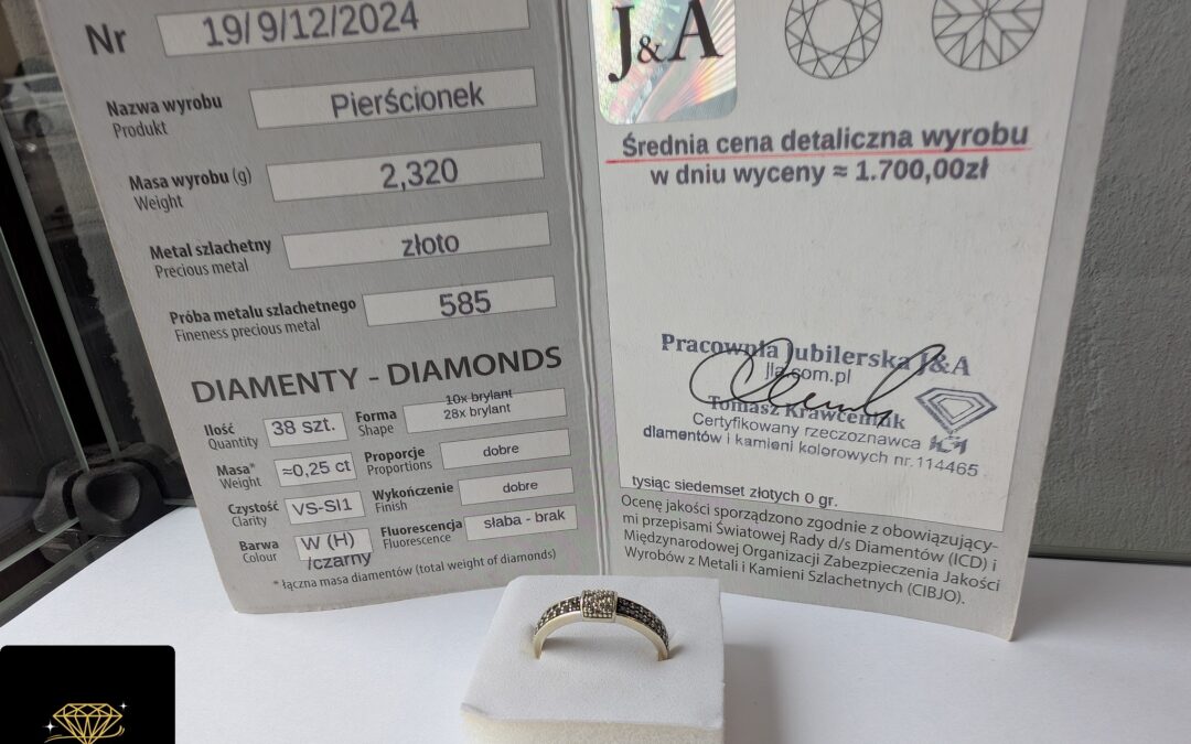 Złoty pierścionek pr. 585 z diamentami ok. 0,25ct – używany – certyfikat – cena 1290zł