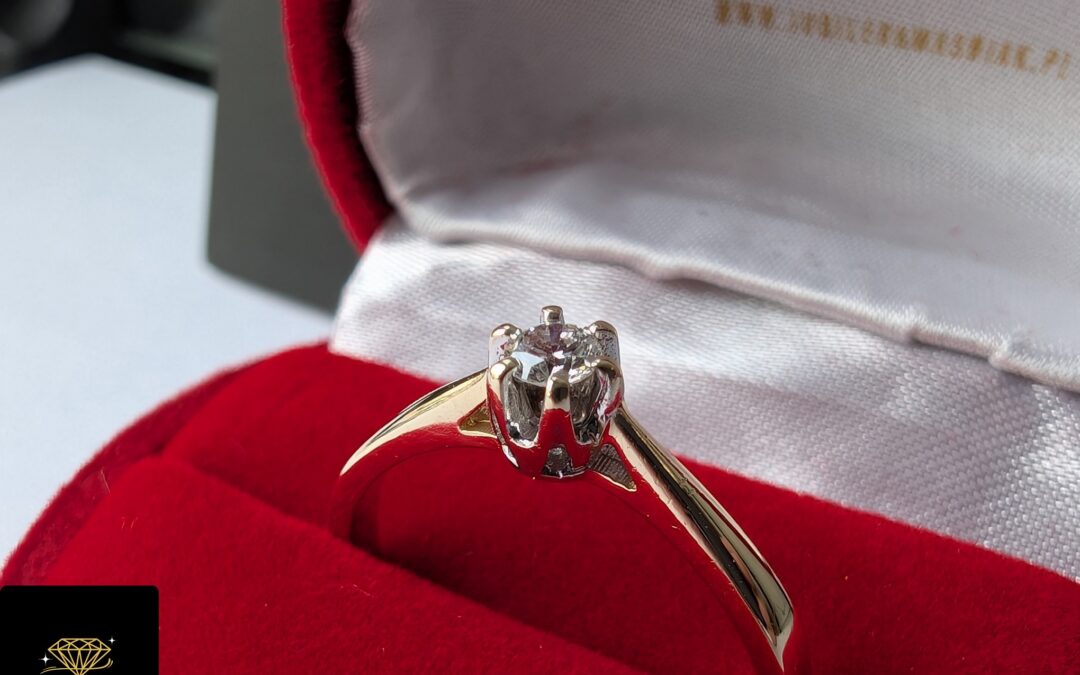 Złoty pierścionek pr. 585 z diamentem 0,12ct – używany – certyfikat – cena 1490zł